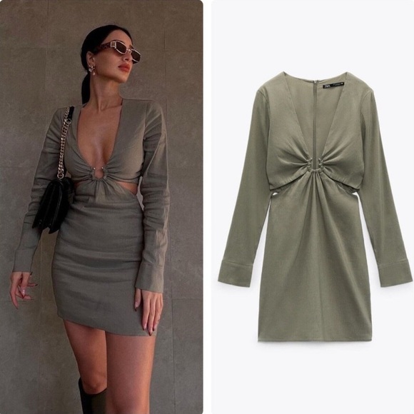 Zara * Stretchy Linen Blend Short Mini Dress Cut Out Green Olive L - Picture 2 of 8
